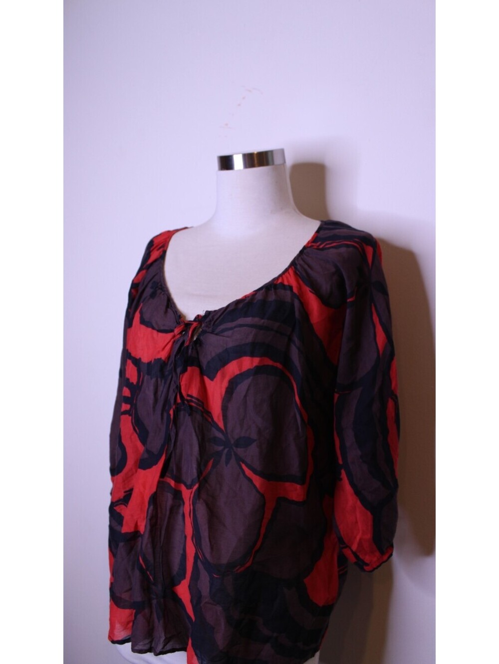 Red Brown Abstract Flowy Cotton Silk Blouse - M